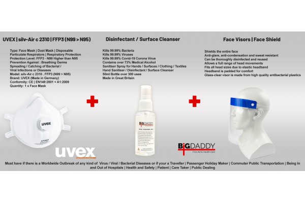 3in1 Protection Kit | Face Visor Protective Screen + Hand Disinfectant Sanitizer + UVEX silv-Air 2310 N99 > N95 FFP3 UVEX Face Mask | CORONA VIRUS COVID-19 | Particulate Respirator GERMS Filter