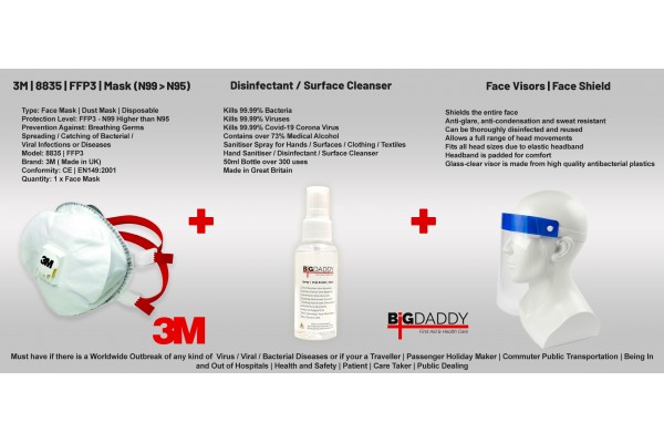 3in1 Protection Kit | Face Visor Protective Screen + Hand Disinfectant Sanitizer + 8835 N99 > N95 FFP3 3M Face Mask | CORONA VIRUS COVID-19 | Particulate Respirator GERMS Filter
