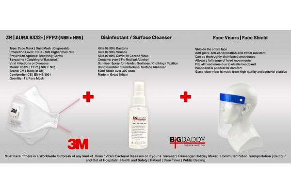 3in1 Protection Kit | Face Visor Protective Screen + Hand Disinfectant Sanitizer + 3M 9332+ Aura N99 > N95 FFP3 Face Mask | CORONA VIRUS COVID-19 | Particulate Respirator GERMS Filter