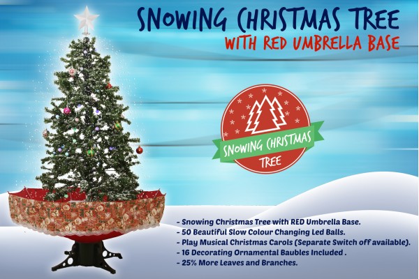 Snowing Christmas Trees | Musical Cascading Falling Snow Tree | Red Umbrella Base| 1.7 Meter high 