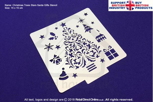 Christmas Trees Stars Santa Gifts Stencil | Air Brush Stenciling | Cake and Cupcake Decorating Craft Tool