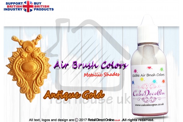 Antique Gold | Metallic Luster Shade | Edible | 20 ML | Air Brush Colour | Cake Cupcake Cookies Decorating Craft