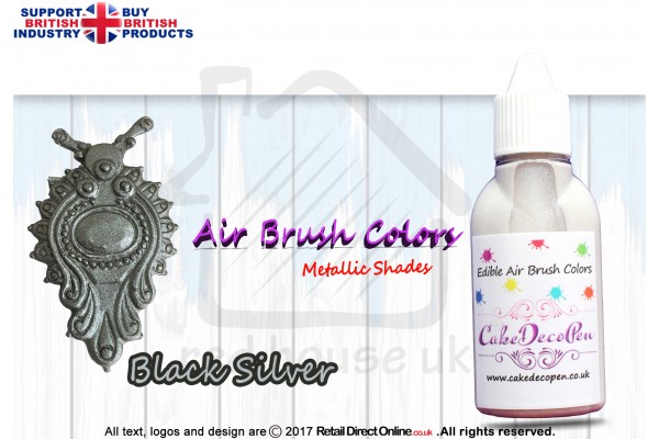 Black Silver | Metallic Luster Shade | Edible | 20 ML | Air Brush Colour | Cake Cupcake Cookies Decorating Craft