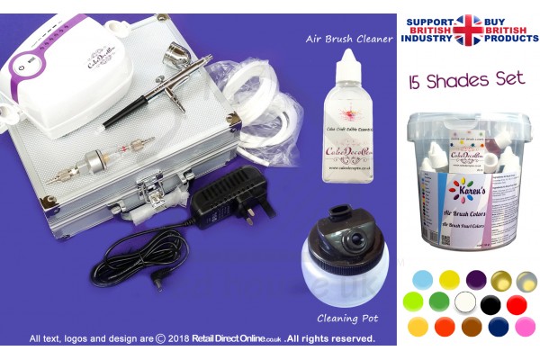 Karen's Air Brush Kit for Cake Makers and Decorators | Large Cup + Air Trap Filter + 15 x 20 ml Air Brush Colours + Air Brush Cleaning Pot