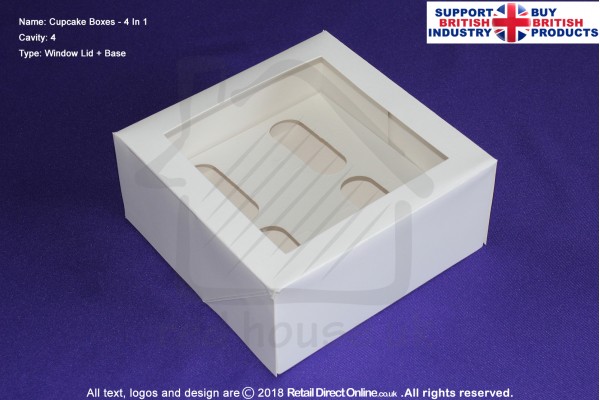 Cupcake Boxes | 4 Cupcakes Cavity | White | Strong | Window Lid | Premium Quality | Cakes and Cupcakes Decorating Craft