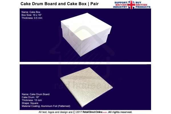 Cake Sqaure Drum Board + Box Pair | 16 Inch | Strong | Premium Quality