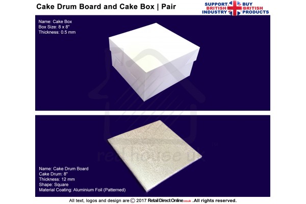 Cake Sqaure Drum Board + Box Pair | 8 Inch | Strong | Premium Quality