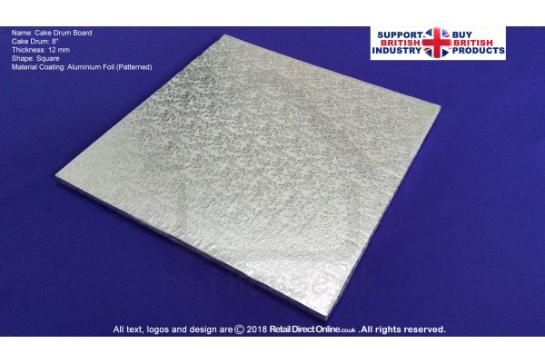 8 Inch | Cake Drum | Square 12 mm | Silver | Strong Base