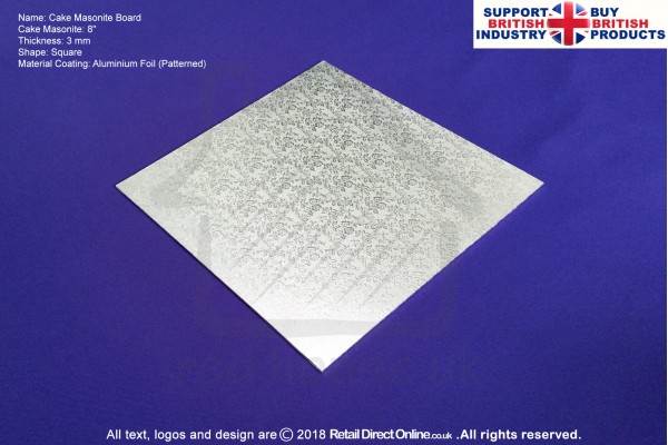 8 Inch | Silver | Square 3 mm | Cake Boards Masonite | Premium Quality