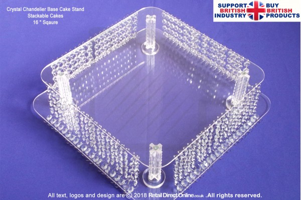 Chandelier Crystal Cake Base Stands | Stackable Wedding Cakes Display | 16.5" Sqaure Plate 10 cm Height | Single Base Stand | Real Glass Diamond Crystals