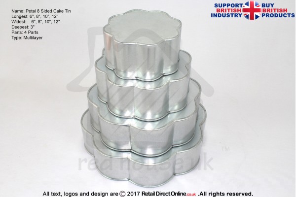 Petal 8 Sided Cake Baking Tin | 3" Deep | Size 6 8 10 12 " | 4 Tiers | Hand Made