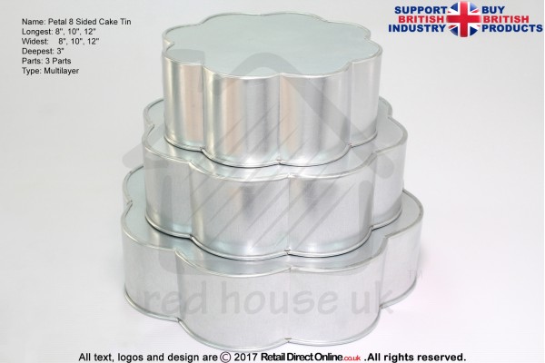 Petal 8 Sided Cake Baking Tins | 3" Deep | Size 8 10 12 " | 3 Tiers | Hand Made Tin