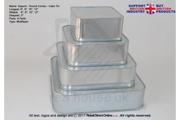 Round Corner Square Cake Baking Tin | Size 6 8 10 12 " | 4 Tiers 