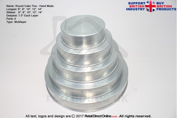 Round Cake Baking Tin | 1.5" Deep | Size 6 8 10 12 14 " | 5 Tiers | Jointless & Seamless | Rainbow Multi Layer