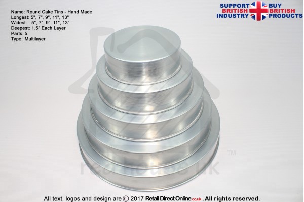 Round Cake Tins | 1.5 Inch Deep | 5 7 9 11 13 Inch | 5 Tier | Hand Made  | Rainbow Multi Layer 