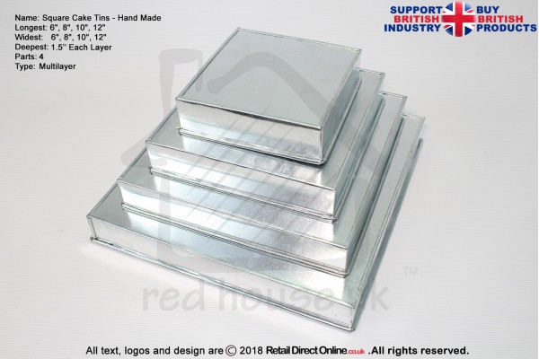 Square Cake Tins | 1.5 Inch Deep | 6 8 10 12 Inch | 4 Tier | Hand Made | Rainbow Multi Layer 