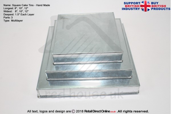 Square Cake Tins | 1.5 Inch Deep | 8 10 12 Inch | 3 Tier | Hand Made  | Rainbow Multi Layer 