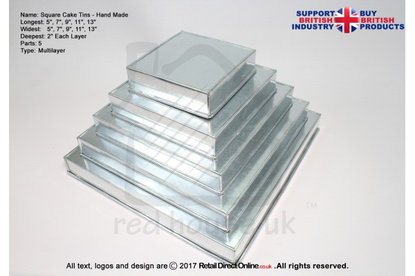 Square Cake Tins | 1.5 Inch Deep | 5 7 9 11 13 Inch | 5 Tier | Hand Made | Rainbow Multi Layer 