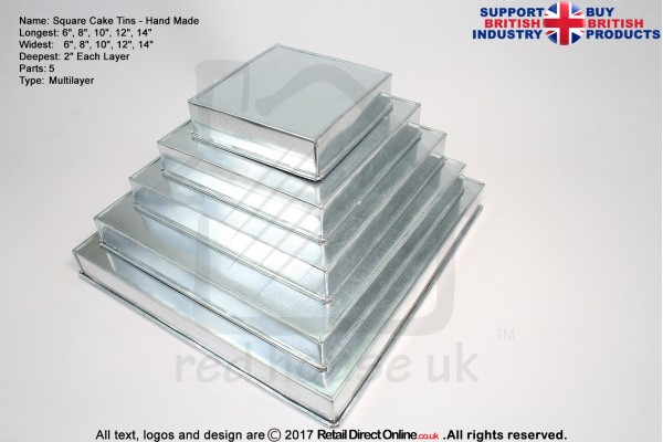 Square Cake Tins | 1.5 Inch Deep | 6 8 10 12 14 Inch | 5 Tier | Hand Made  | Rainbow Multi Layer 
