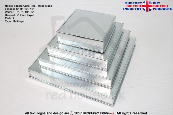 Square Cake Tins | 2 Inch Deep | 6 8 10 12 Inch | 4 Tier | Hand Made | Rainbow | Multi Layer 