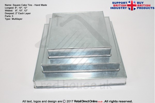 Square Cake Tins | 2 Inch Deep | 8 10 12 Inch | 3 Tier | Hand Made | Rainbow | Multi Layer  
