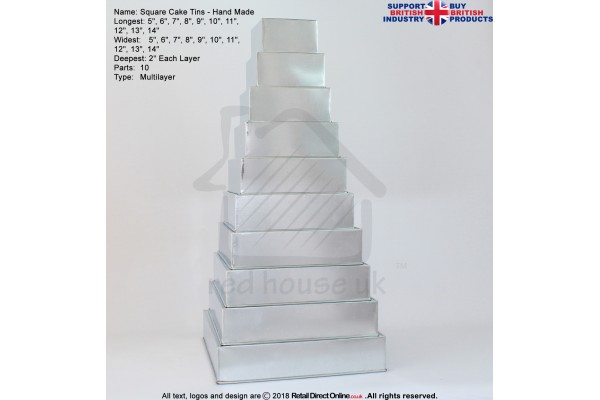 Square Cake Tins | 2 Inch Deep | 567891011121314 Inch | 10 Tier | Hand Made | Rainbow | Multi Layer 