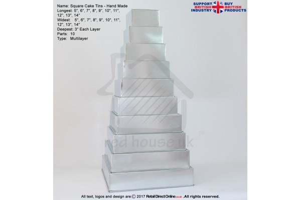 Square Cake Baking Tin | 3" Deep | Size 5 6 7 8 9 10 11 12 13 14 " | 10 Tiers | Hand Made