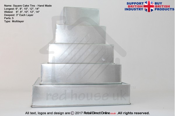Square Cake Baking Tin | 3" Deep | Size 5 7 9 11 13 " | 5 Tiers | Hand Made