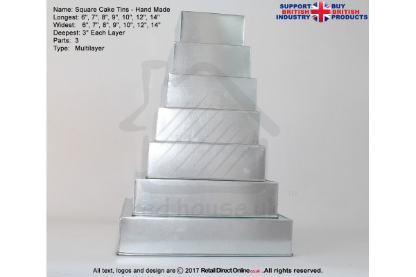 Square Cake Baking Tin | 3" Deep | Size 6 7 8 9 10 12 14 16 " | 4 Tiers | Hand Made