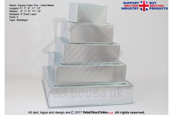Square Cake Baking Tin | 3" Deep | Size 6 8 10 12 14 " | 5 Tiers | Hand Made
