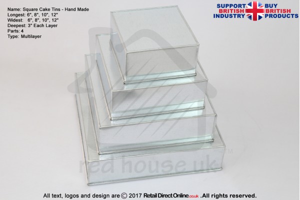 Square Cake Baking Tin | 3" Deep | Size 6 8 10 12 " | 4 Tiers | Hand Made