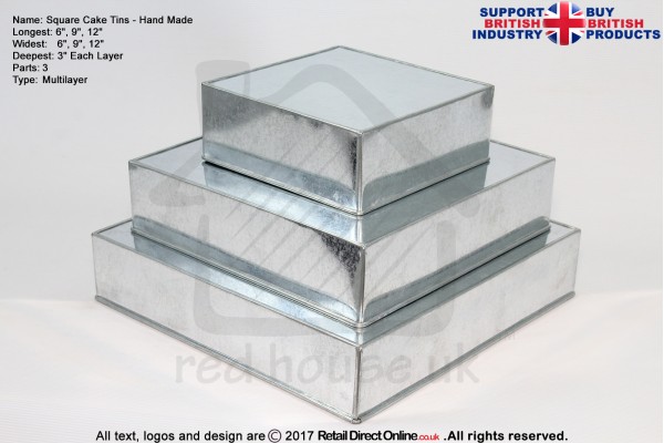 Square Cake Baking Tin | 3" Deep | Size 6 9 12 " | 3 Tiers | Hand Made