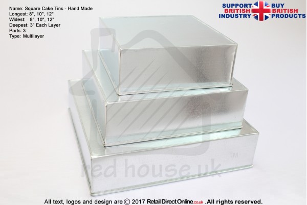 Square Cake Baking Tin | 3" Deep | Size 8 10 12 " | 3 Tiers | Hand Made