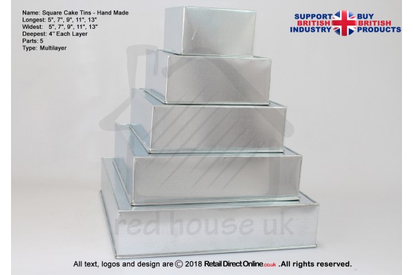 Square Cake Baking Tin | 4" Deep | Size 5 7 9 11 13 " | 5 Tiers | Hand Made