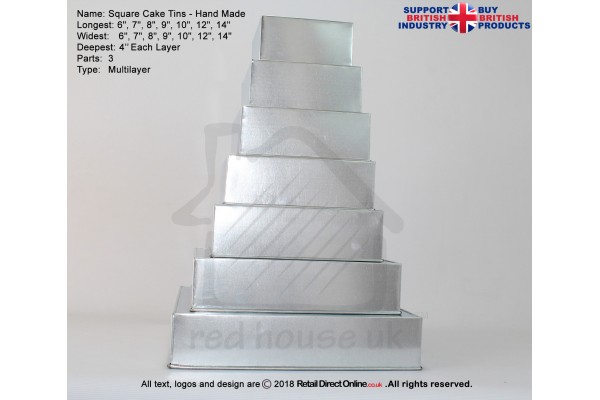Square Cake Baking Tin | 4" Deep | Size 6 7 8 9 10 12 14 16 " | 8 Tiers | Hand Made