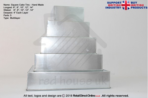 Square Cake Baking Tin | 4" Deep | Size 6 8 10 12 14 " | 5 Tiers | Hand Made