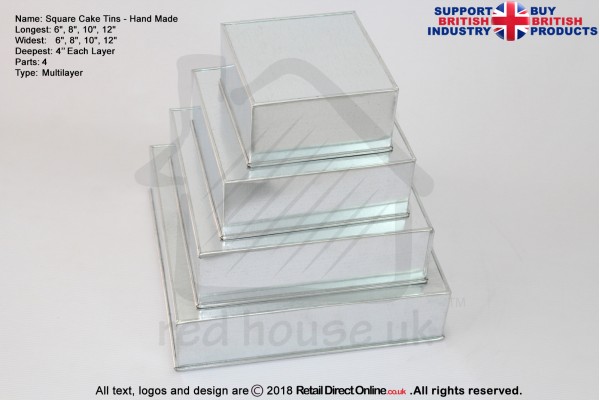 Square Cake Baking Tin | 4" Deep | Size 6 8 10 12 " | 4 Tiers | Hand Made