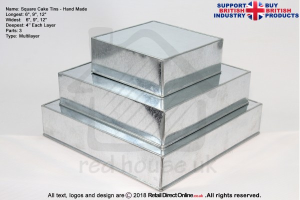 Square Cake Baking Tin | 4" Deep | Size 6 9 12 " | 3 Tiers | Hand Made