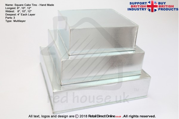 Square Cake Baking Tin | 4" Deep | Size 8 10 12 " | 3 Tiers | Hand Made