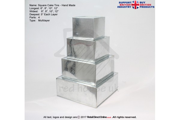 Square Cake Baking Tin | 5" Deep | Size 6 8 10 12 " | 4 Tiers | Hand Made