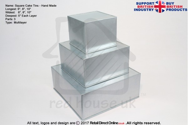 Square Cake Baking Tin | 5" Deep | Size 6 8 10 " | 3 Tiers | Hand Made
