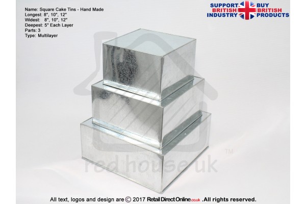 Square Cake Baking Tin | 5" Deep | Size 8 10 12 " | 3 Tiers | Hand Made
