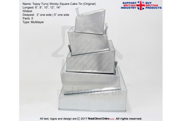 Topsy Turvy Square Baking Tins Pans | 6 8 10 12 14" | 5 Tiers Multilayer | Cake Decorating Craft 