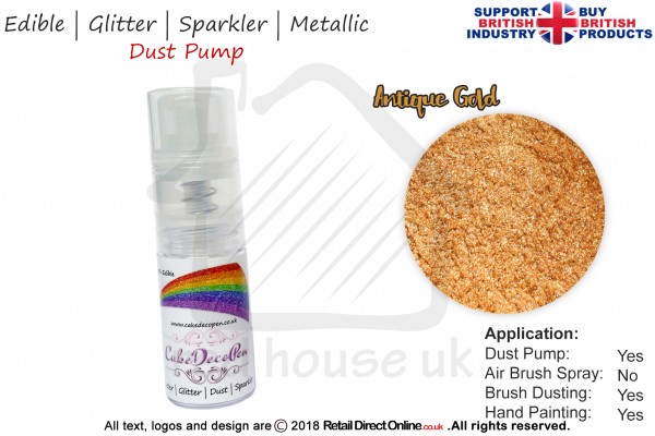 Antique Gold | Glitter | Sparkler | Edible | 8 Gram Dust Pump | Cake Decorating Craft