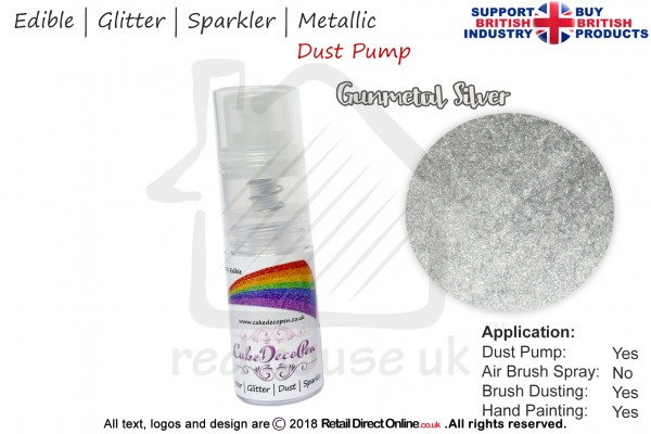 Gunmetal Silver | Glitter | Sparkler | Edible | 8 Gram Dust Pump | Cake Decorating Craft