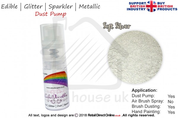 Soft Silver | Glitter | Sparkler | Edible | 8 Gram Dust Pump | Cake Decorating Craft