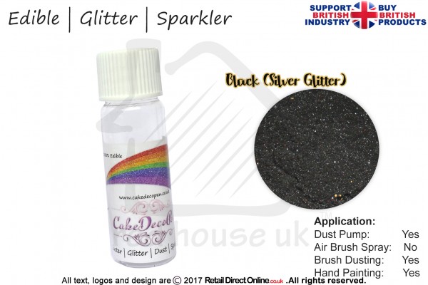 Black Silver | Glitter | Sparkler | Edible | 8 Gram Dust Pump | Cake Decorating Craft