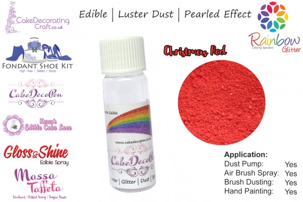 Christmas Red | Pearled | Luster | Shimmer | Gloss | Edible Dust | 25 Gram Pot | Cake Decorating Craft