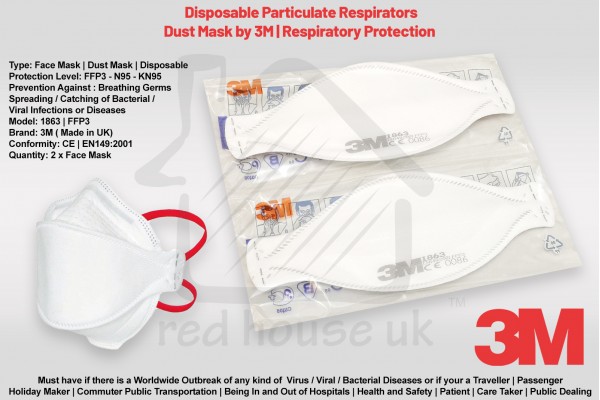 3M Mask 1863 Aura N95 FFP3 | CORONA VIRUS COVID-19 Outbreak | Particulate Respirator | GERMS Filter Dust Face Mask x 2