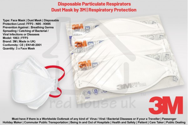 3M Mask 1863 Aura N95 FFP3 | CORONA VIRUS COVID-19 Outbreak | Particulate Respirator | GERMS Filter Dust Face Mask x 3